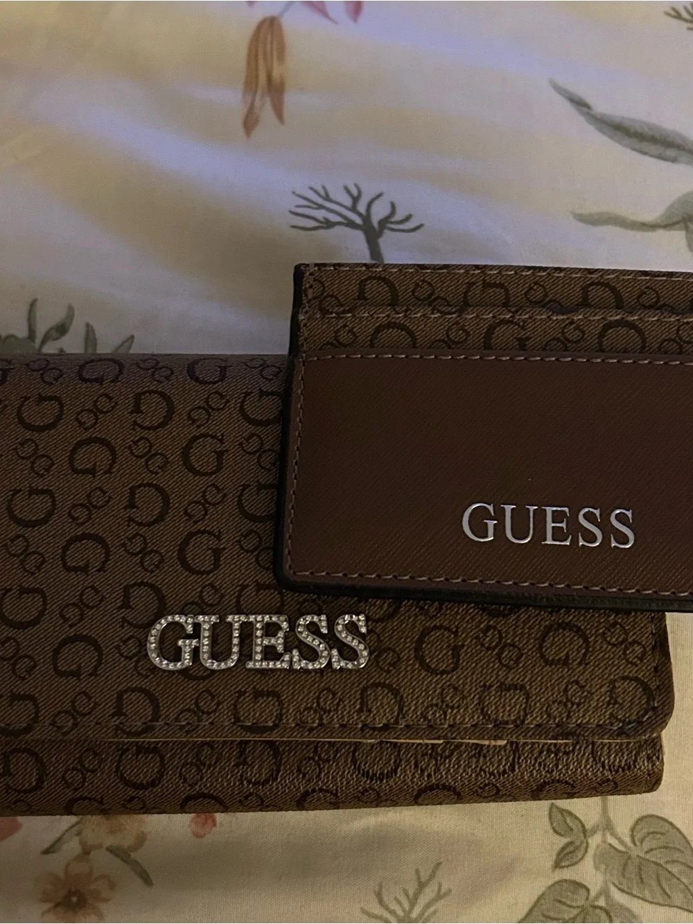 Guess Brown Monogram Wallet and Card Holder Set with Logo Hardware